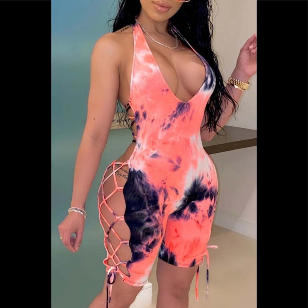 Orange/PinkishTie-dye Spaghetti Straps Deep V Neck Backless Romper/Jumper 1Pc